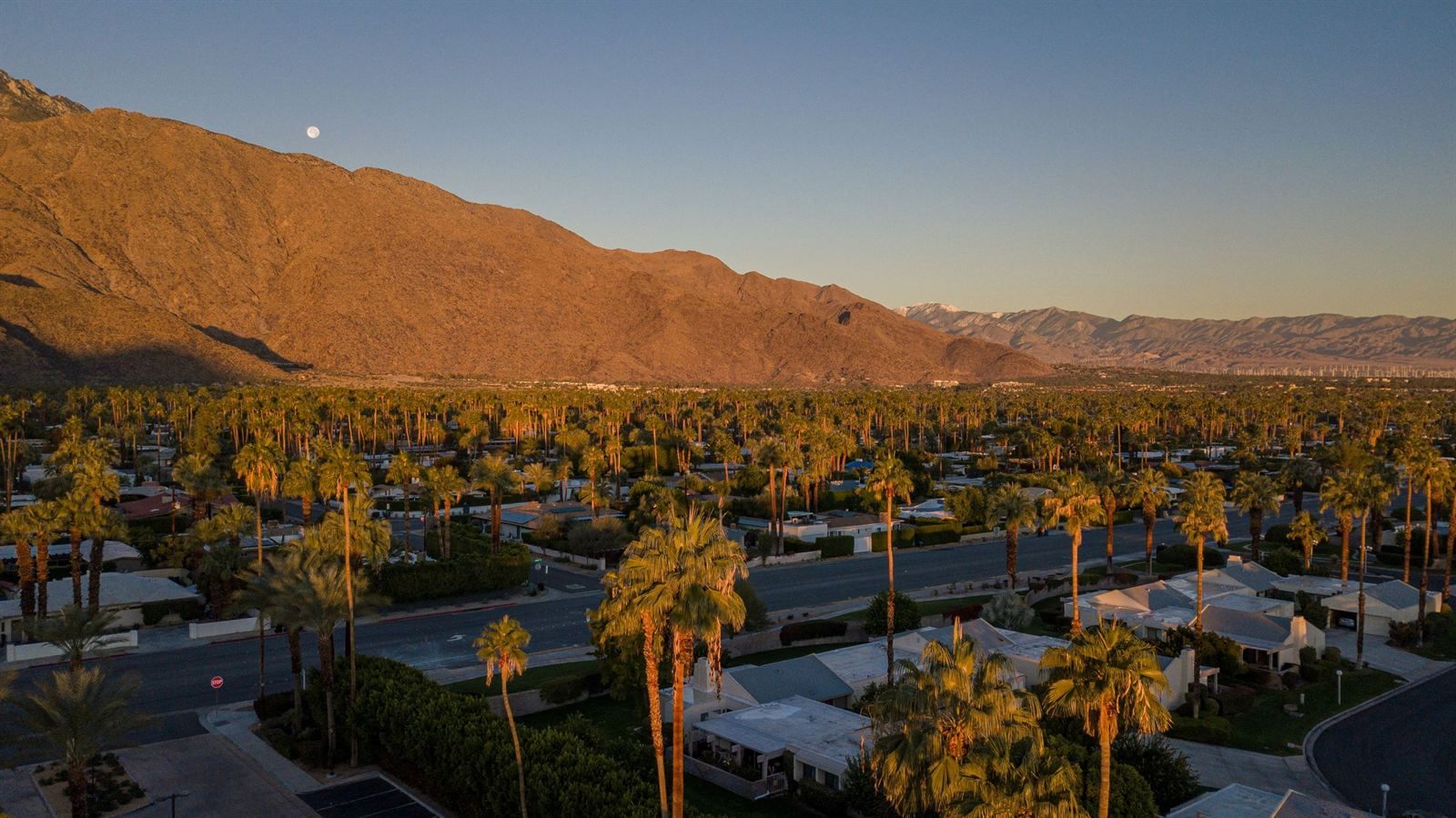 Palm trees across the Coachella Valley at sunset below bare desert mountains near Palm Springs